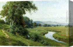 Lord Rivers' Roan Mare in a Landscape Canvas Paintings - An Extensive River Landscape With A Young Girl Balancing On A Gate by Harry Sutton Palmer