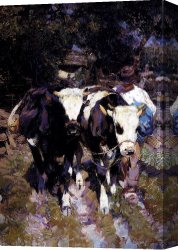 Calves Watering Canvas Paintings - Two Harnessed Calves by Heirich von Zugel