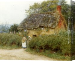 Gingerbread Cottage Canvas Paintings - A Cottage With Sunflowers At Peaslake by Helen Mary Elizabeth Allingham