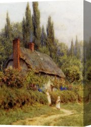 Gingerbread Cottage Canvas Paintings - Children On A Path Outside A Thatched Cottage, West Horsley, Surrey by Helen Mary Elizabeth Allingham
