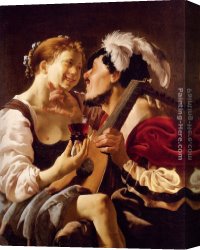 Terbrugghen Canvas Paintings - A Luteplayer Carousing With A Young Woman Holding A Roemer by Hendrick Terbrugghen