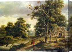 Hendrik Canvas Paintings - Peasant Woman and a Boy in a Wooded Landscape by Hendrik Barend Koekkoek