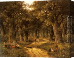 Hendrik Canvas Paintings - Peasants Preparing a Meal near a Wooded Path by Hendrik Barend Koekkoek