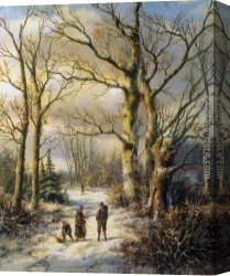 Hendrik Canvas Paintings - Woodgatherers in a Winter Forest by Hendrik Barend Koekkoek