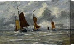 Hendrik Canvas Paintings - Ships at Full Sea by Hendrik Willem Mesdag