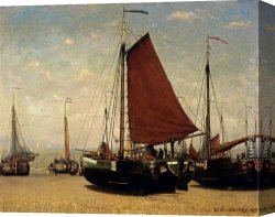 Mesdag Canvas Paintings - The Bomschuit Prinses Sophie On The Beach, Scheveningen by Hendrik Willem Mesdag