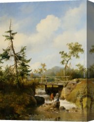 A Wooded Landscape with a Figure Crossing a Bridge Over a Stream Canvas Paintings - A Forest View with Figures by a Stream by Hendrikus van den Sande Bakhuyzen