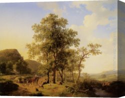 Prospecting for Cattle Range Canvas Paintings - A Treelined River Landscape with Figures and Cattle an a Path by Hendrikus van den Sande Bakhuyzen