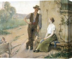 Ponies, a Calf And Poultry in a Farmyard Canvas Paintings - Peasant Couple in Farmyard by Henri Adriene Tanoux
