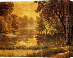 Wooded Landscape with Water Mill Canvas Paintings - A Wooded River Landscape by Henri Biva