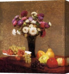 Table Canvas Paintings - Asters and Fruit on a Table by Henri Fantin-Latour