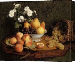 Still Life with Flowers And Fruit Canvas Paintings - Flowers and Fruit on a Table by Henri Fantin-Latour