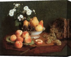 Still Life with Flowers And Fruit Canvas Paintings - Flowers & Fruit on a Table 1865 by Henri Fantin-Latour