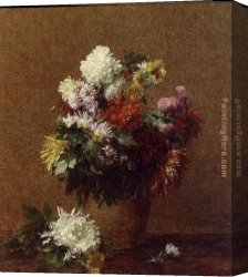 Chrysanthemums Canvas Paintings - Large Bouquet of Chrysanthemums by Henri Fantin-Latour