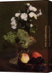 Chrysanthemums Canvas Paintings - Still Life Chrysanthemums and Grapes by Henri Fantin-Latour