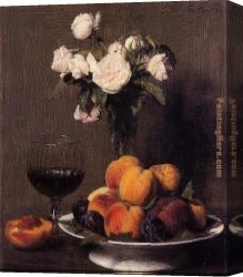 Still Life with Flowers And Fruit Canvas Paintings - Still Life with Roses Fruit and a Glass of Wine by Henri Fantin-Latour
