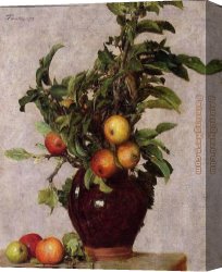 Apple Canvas Paintings - Vase with Apples and Foliage by Henri Fantin-Latour