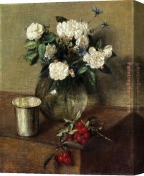 The White Rose Canvas Paintings - White Roses and Cherries by Henri Fantin-Latour