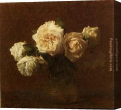 Yellow Canvas Paintings - Yellow Pink Roses in a Glass Vase by Henri Fantin-Latour