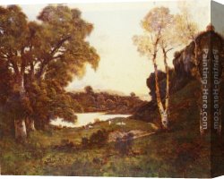 Goats Canvas Paintings - Goats grazing beside a lake at sunset by Henri-Joseph Harpignies