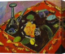 Carpet Canvas Paintings - Dishes and Fruit on a Red and Black Carpet by Henri Matisse