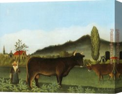 Highland Cattle Grazing by a Mountain Stream Canvas Paintings - Landscape with Cattle by Henri Rousseau