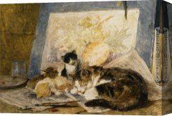 Henriette Canvas Paintings - A Cat and her Kittens in the Artists Studio by Henriette Ronner-Knip