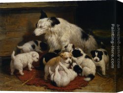 Doges Canvas Paintings - A dog and her puppies by Henriette Ronner-Knip