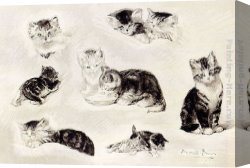 Playing Hide And Seek Canvas Paintings - A Study Of Cats Drinking, Sleeping And Playing by Henriette Ronner-Knip