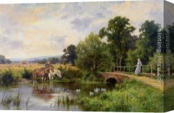 Calves Watering Canvas Paintings - Watering the Horses by Henry Hillier Parker