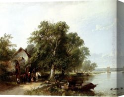 Lord Rivers' Roan Mare in a Landscape Canvas Paintings - River Landscape With Figures Loading A Boat by Henry John Boddington