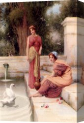 Leda And The Swan Canvas Paintings - Two Classical Maidens And A Swan by Henry Ryland