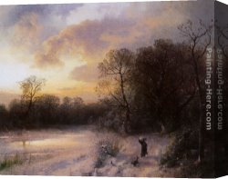 Herzog Canvas Paintings - Daybreak on a Snowy Morning by Herman Herzog