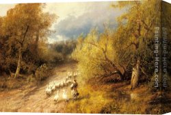 Herzog Canvas Paintings - Girl with Geese by Herman Herzog