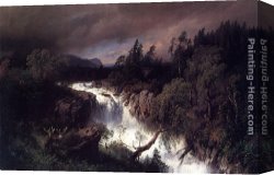 Herzog Canvas Paintings - Mountain Landscape and Waterfall by Herman Herzog