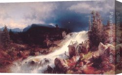 Herzog Canvas Paintings - Mountain Landscape with Watermill by Herman Herzog