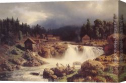 Herzog Canvas Paintings - Norwegian Landscape by Herman Herzog