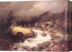 Herzog Canvas Paintings - The Old Water Mill by Herman Herzog