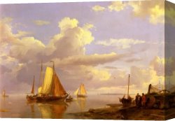 Fishing Boats at Dusk Canvas Paintings - Fishing Boats Off The Coast At Dusk by Hermanus Koekkoek Snr