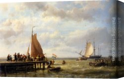 Anchored Canvas Paintings - Provisioning a Tall Ship at Anchor by Hermanus Koekkoek Snr