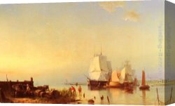 Anchored Canvas Paintings - Three Mast Ships at Anchor by Hermanus Koekkoek Snr