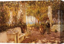 Peasant Canvas Paintings - A Peasant Girl on a Sunlit Veranda by Horace Fisher