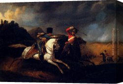 A Rank Soldier of The 7th Hussar Regiment Canvas Paintings - Two Soldiers On Horseback by Horace Vernet