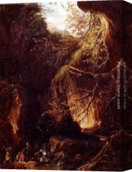 Wooded Landscape with Water Mill Canvas Paintings - Figures By A Waterfall In A Wooded Landscape by Hubert Robert