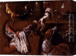 A Spaniel And a Pug Canvas Paintings - Studies Of Spaniels And Whippets, And A Study Of A White Headdress by Hyacinthe Rigaud