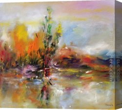 An Autumn Landscape with Cows Near a Stream Canvas Paintings - Autumn Landscape by Ioan Popei
