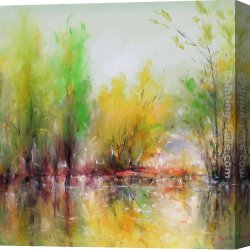 An Autumn Landscape with Cows Near a Stream Canvas Paintings - Autumn Landscape I by Ioan Popei