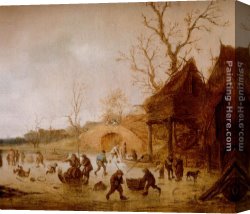 The Sledge Ride Canvas Paintings - A Winter Landscape With Skaters, Children Playing Kolf And Figures With Sledges On The Ice Near A Bridge by Isack van Ostade
