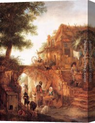 Gingerbread Cottage Canvas Paintings - Woman Selling Fruit by a Cottage by Isack van Ostade