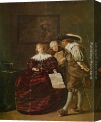 Gentleman Canvas Paintings - The contract - A lady presenting a letter to a gentleman and an old lady studying another in an interior by Jacob Duck